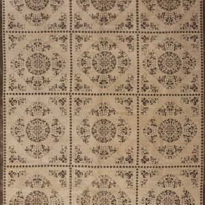 Beige rug featuring repeated dark brown squares with intricate medallions and geometric dash borders.