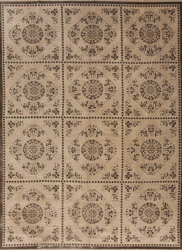 Beige rug featuring repeated dark brown squares with intricate medallions and geometric dash borders.