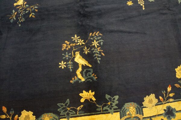 Navy pile rug featuring yellow bird, flowering branches, and a thick gold and teal border design.