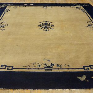 Tan rug with a dark blue border, floral motifs, and a central symbol displayed on wood flooring.
