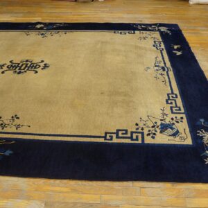 Large tan rug with a wide navy blue border, featuring intricate floral, bird, and geometric patterns.
