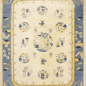 Light cream rug with blue and gold chinoiserie motifs, framed by a wide blue scenic and bamboo border.