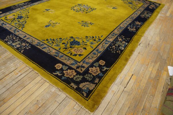 High-pile chartreuse rug featuring blue and taupe floral borders lays across worn plank wood flooring.