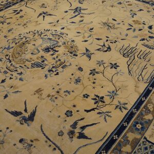A low-pile rug with a beige field features an intricate pattern of blue birds, vines, and floral motifs.