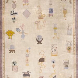 Cream rug with scattered pale motifs of objects and vessels, featuring a light tan and purple border.