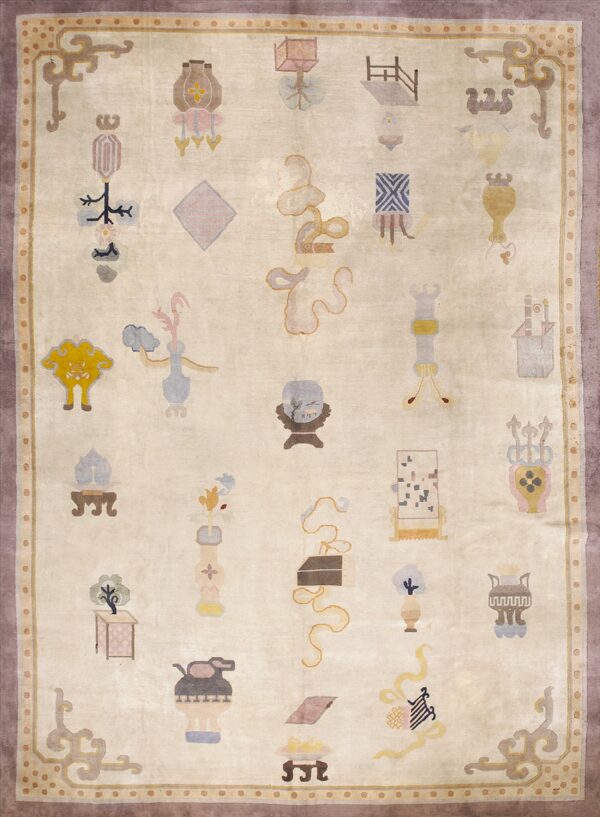 Cream rug with scattered pale motifs of objects and vessels, featuring a light tan and purple border.