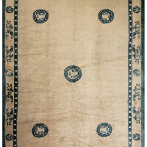 Beige high-pile rug with five blue medallions, framed by ornate blue and cream multiple-stripe borders.