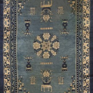 Muted blue low-pile rug featuring an elaborate beige and navy medallion, vases, and ornate border designs.