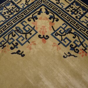 Low pile rug corner in tan with detailed dark blue geometric borders and pink floral accents.