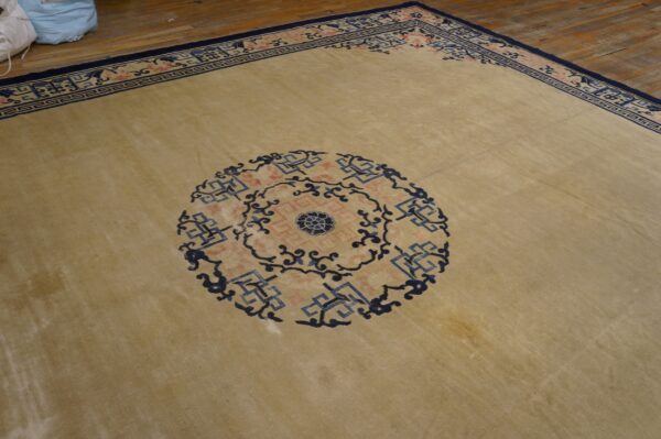 Light tan rug with ornate dark blue and pink geometric borders and a central medallion on wood.