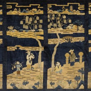 Deep indigo rug with a detailed gold and tan pictorial pattern divided into four scenes with figures.