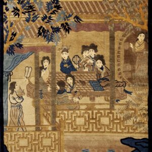 Highly detailed vertical rug in tan, brown, and navy, showing figures gathered around pavilion architecture.