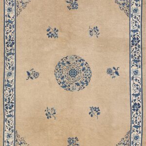 Beige rug with low pile featuring blue floral motifs, a central medallion, and an ornate border.