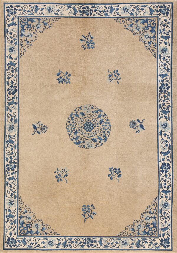 Beige rug with low pile featuring blue floral motifs, a central medallion, and an ornate border.
