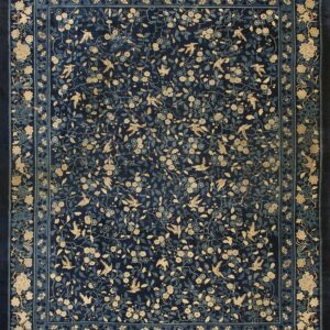 Navy blue rug featuring a dense pattern of flying tan birds, light blue vines, and detailed floral borders.