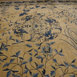 Beige rug with intricate blue botanical patterns, a central medallion, and a dark blue border.