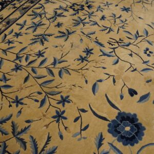 The rug features an elaborate blue floral design on a gold-tan field, bordered by dark stripes.