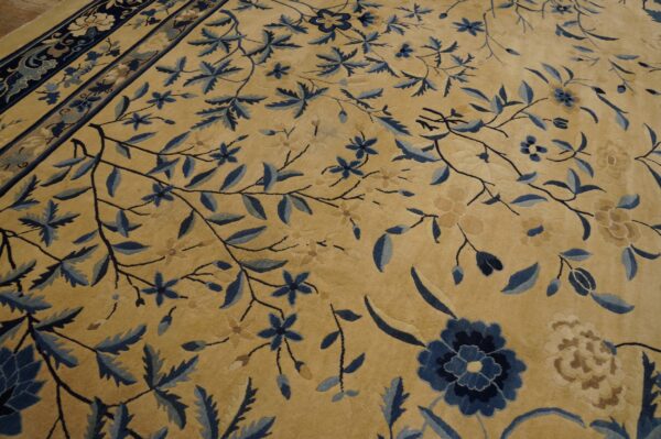 Close-up of a plush rug with a tan background and intricate blue floral motifs on wood flooring.