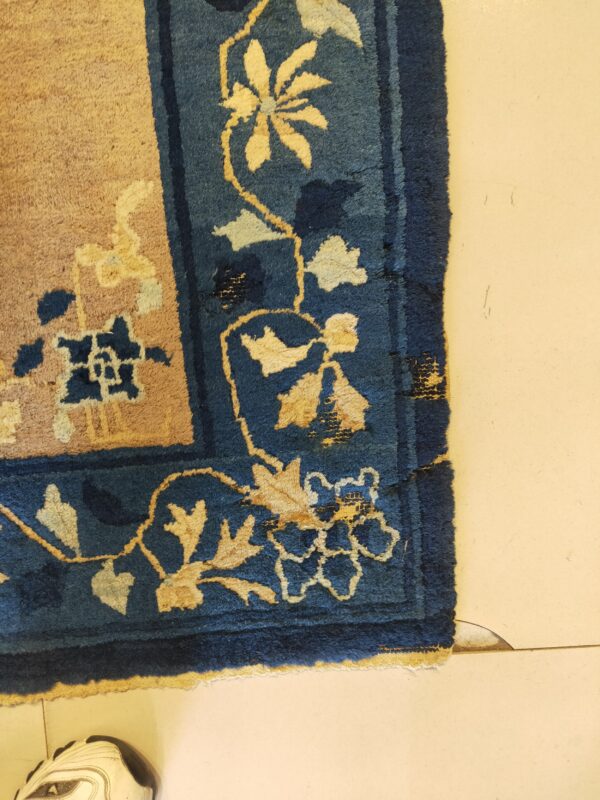 A close-up shows a deep blue rug border with cream floral motifs next to a tan field on light flooring.