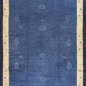 Blue low pile rug with tonal floral and maze patterns, framed by a wide beige and navy blue border.