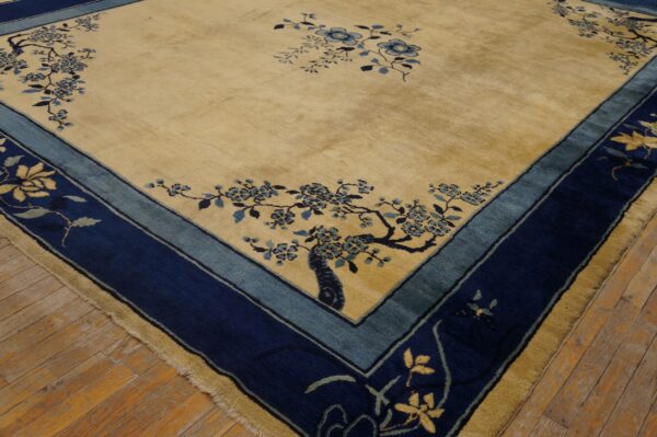 Golden cream rug with plush pile and navy blue floral border rests on distressed wood flooring.