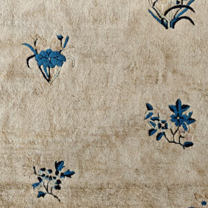 High-pile beige rug texture with scattered blue and black stylized floral and botanical patterns.