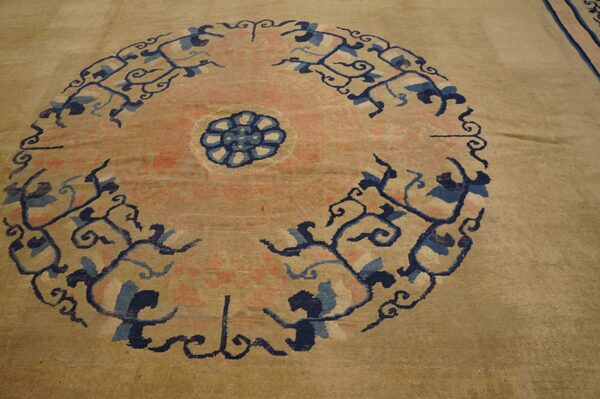A beige rug displays a pink central medallion with swirling dark blue and light blue decorative motifs.