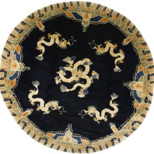 Round navy rug with gold dragon motifs and a wide border of olive, rust, and blue patterns.