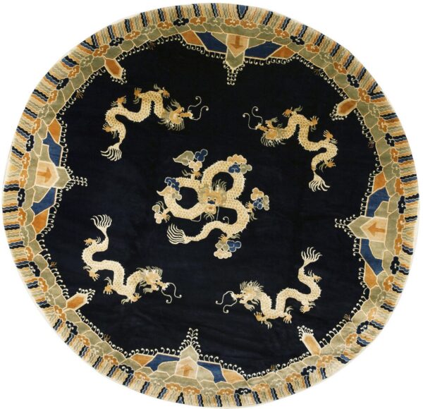 Round navy rug with gold dragon motifs and a wide border of olive, rust, and blue patterns.