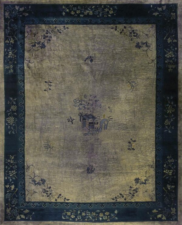 Greenish-gold rug featuring a dark indigo floral border and scattered central pictorial elements.