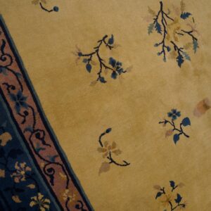 Detail of a gold rug showing sparse blue and tan florals and a contrasting blue and pink patterned border.