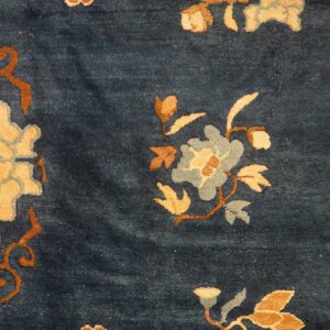 Textured blue rug featuring tan, rust, and gray floral patterns beside a thick geometric border.