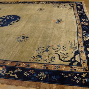 Large tan rug featuring a dark blue medallion, elaborate borders, and floral patterns on wood floors.