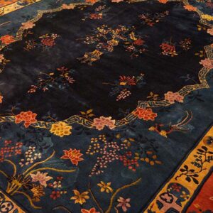 A plush blue rug with a central floral medallion outline and orange, pink, and yellow botanical motifs.
