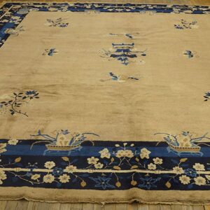 Large tan rug with dark blue borders and scattered blue and cream floral motifs on wood flooring.