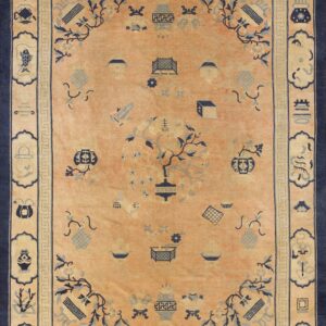 Apricot field rug featuring scattered vases, trees, and geometric designs, framed by a dark blue border.