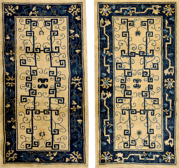 A pair of rectangular rugs featuring a cream field, navy blue fretwork, and stylized floral borders.
