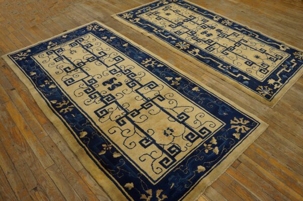 Matching pair of blue and beige patterned runner rugs with angular motifs displayed on rustic wood flooring.