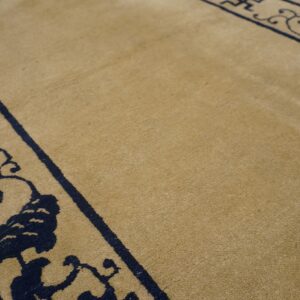 Close-up of a tan rug with a dark blue traditional border pattern, including geometric symbols.