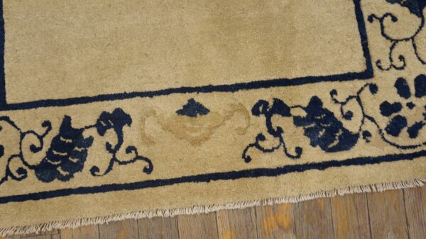 Tan rug with dark blue floral borders and visible fringe rests on rustic wood flooring.