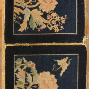 Pair of navy square rugs featuring tan floral and leaf designs with thick black borders on wood floor.