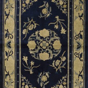 Navy blue rug with a wide beige border and central medallion in a detailed floral pattern.