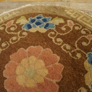 High-pile brown rug featuring pink and blue flowers and a curved geometric tan border on wood planks.