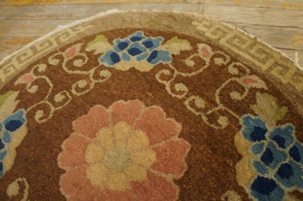High-pile brown rug featuring pink and blue flowers and a curved geometric tan border on wood planks.