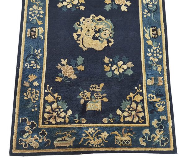 Antique peking small scatter size wool navy rug 3 Dark blue rug featuring gold and sage floral motifs, a central medallion, and a detailed teal blue border.