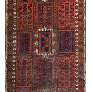 Geometric runner rug with stacked rectangular panels in deep red, brown, and navy colors.