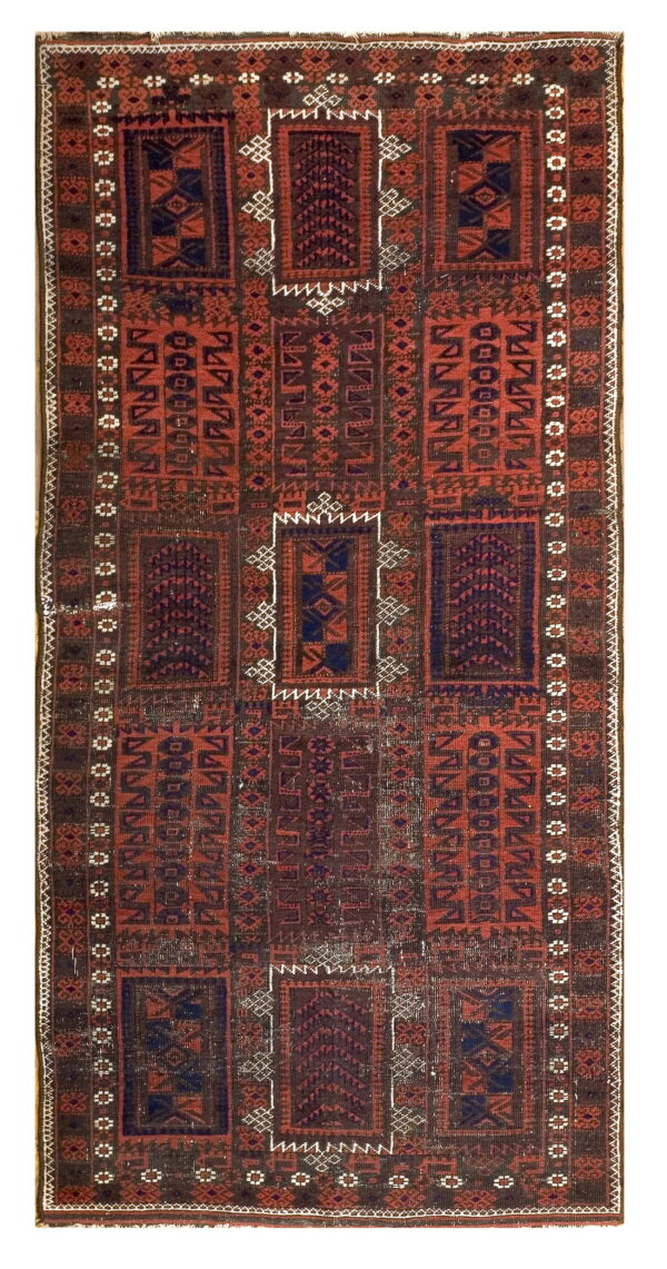 Geometric runner rug with stacked rectangular panels in deep red, brown, and navy colors.