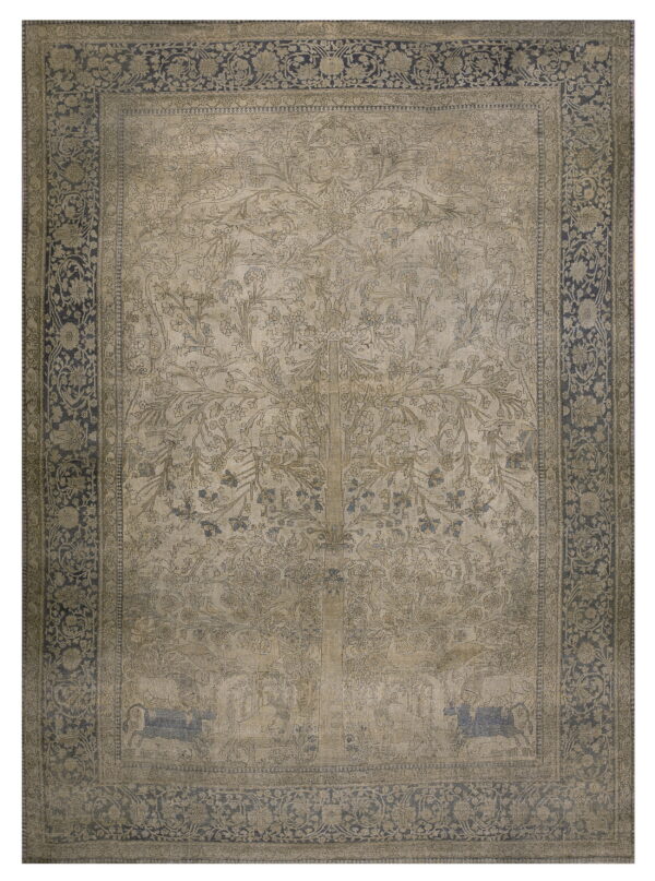 Detailed beige rug featuring a tree of life design and a wide, contrasting dark blue floral border.
