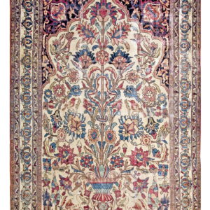 Cream rug with a detailed multicolored Tree of Life pattern and a dark blue arched section.