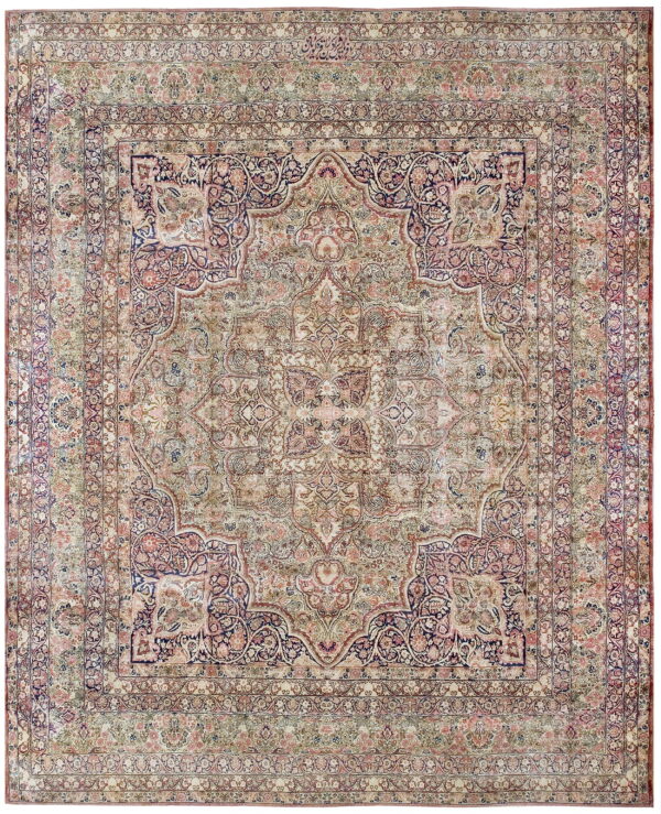 Distressed low-pile rug featuring an ornate medallion pattern in faded pink, navy, and beige.